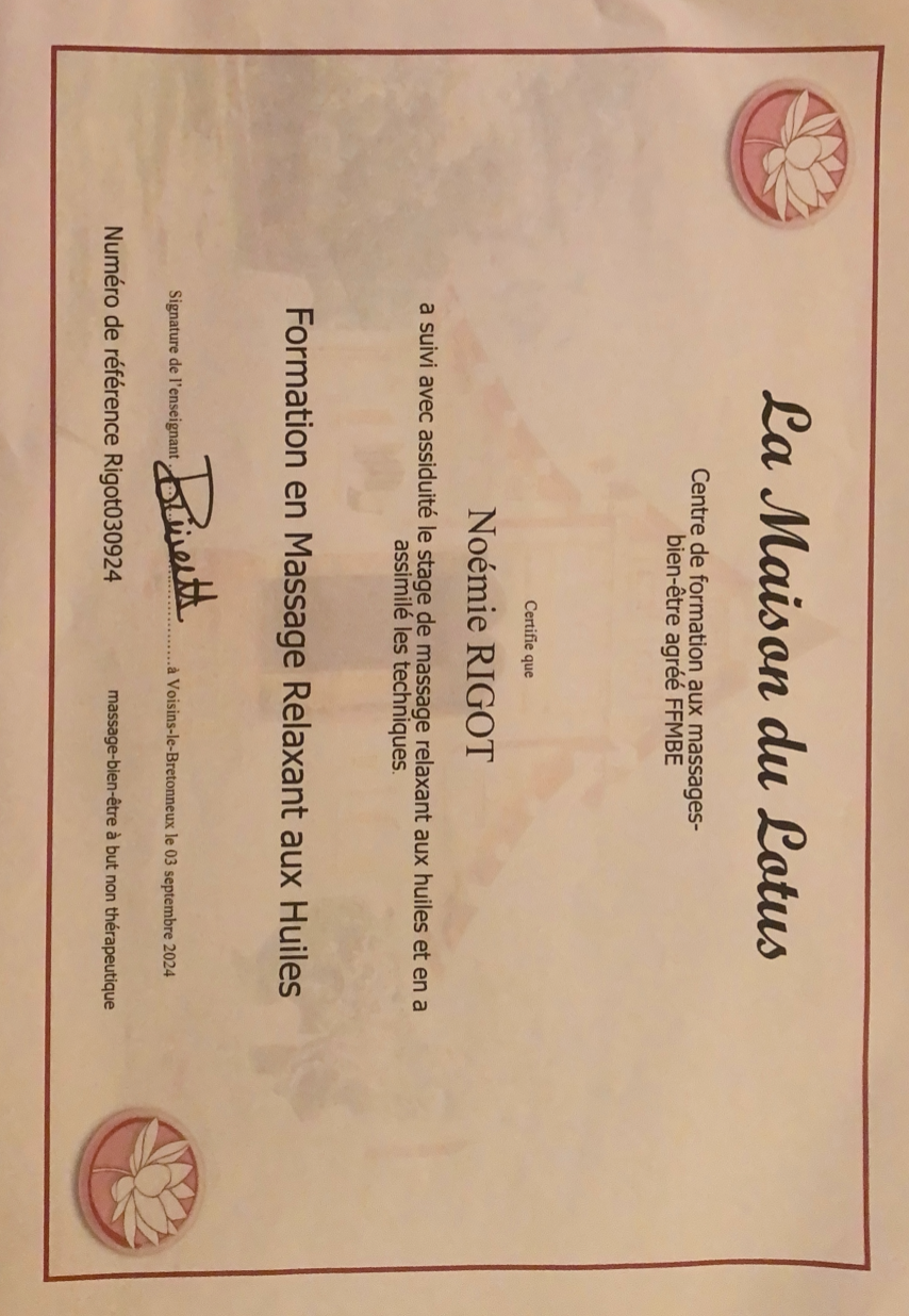 Justificatif de Certification Massage relaxant