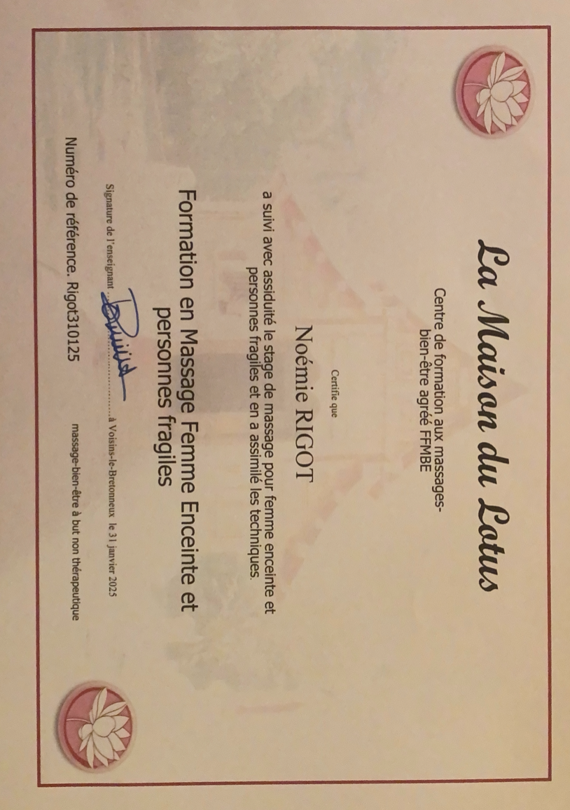 Justificatif de Certification Massage femme enceinte