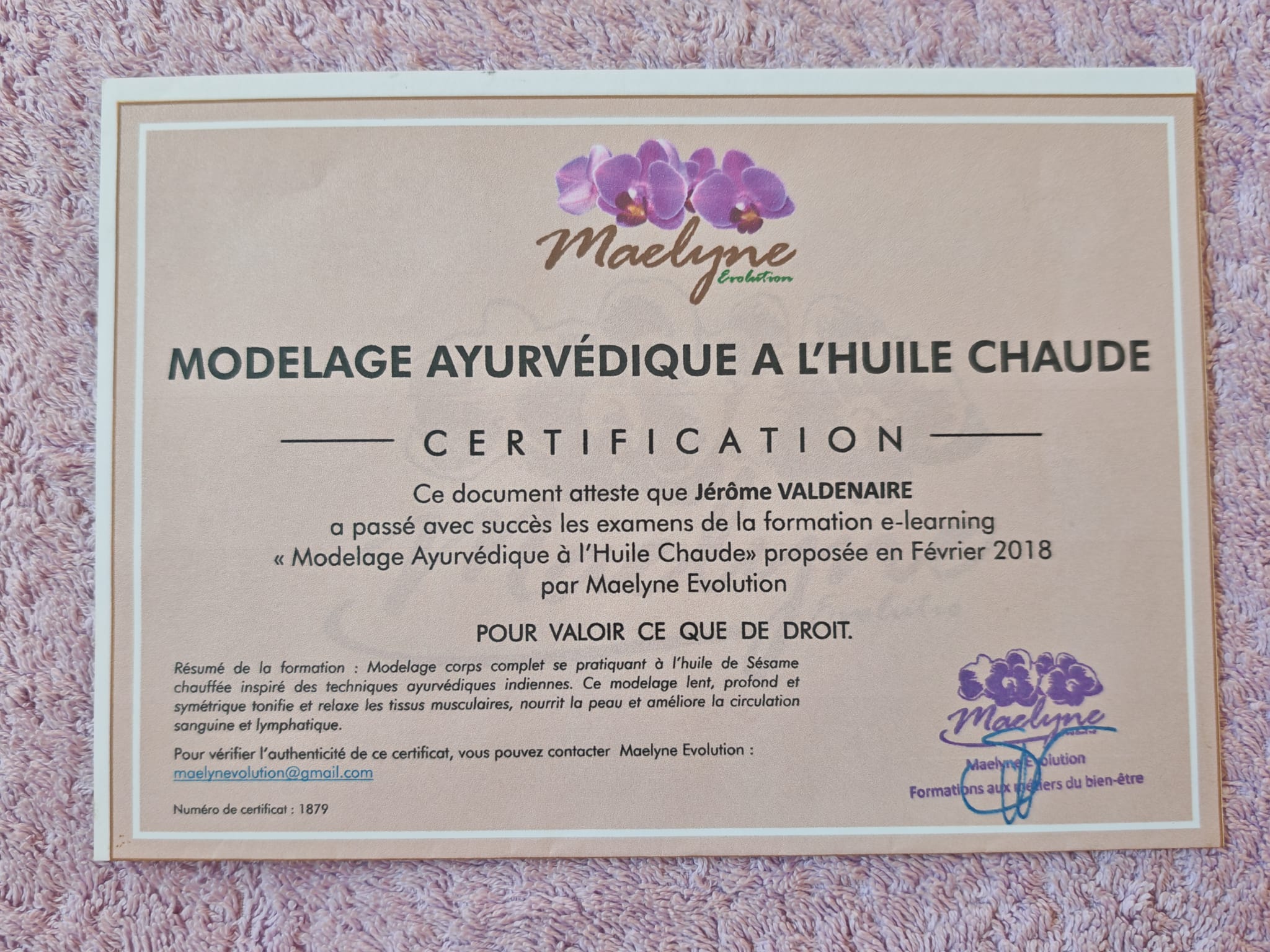Justificatif de Modelage Ayurvédique à l'huile chaude