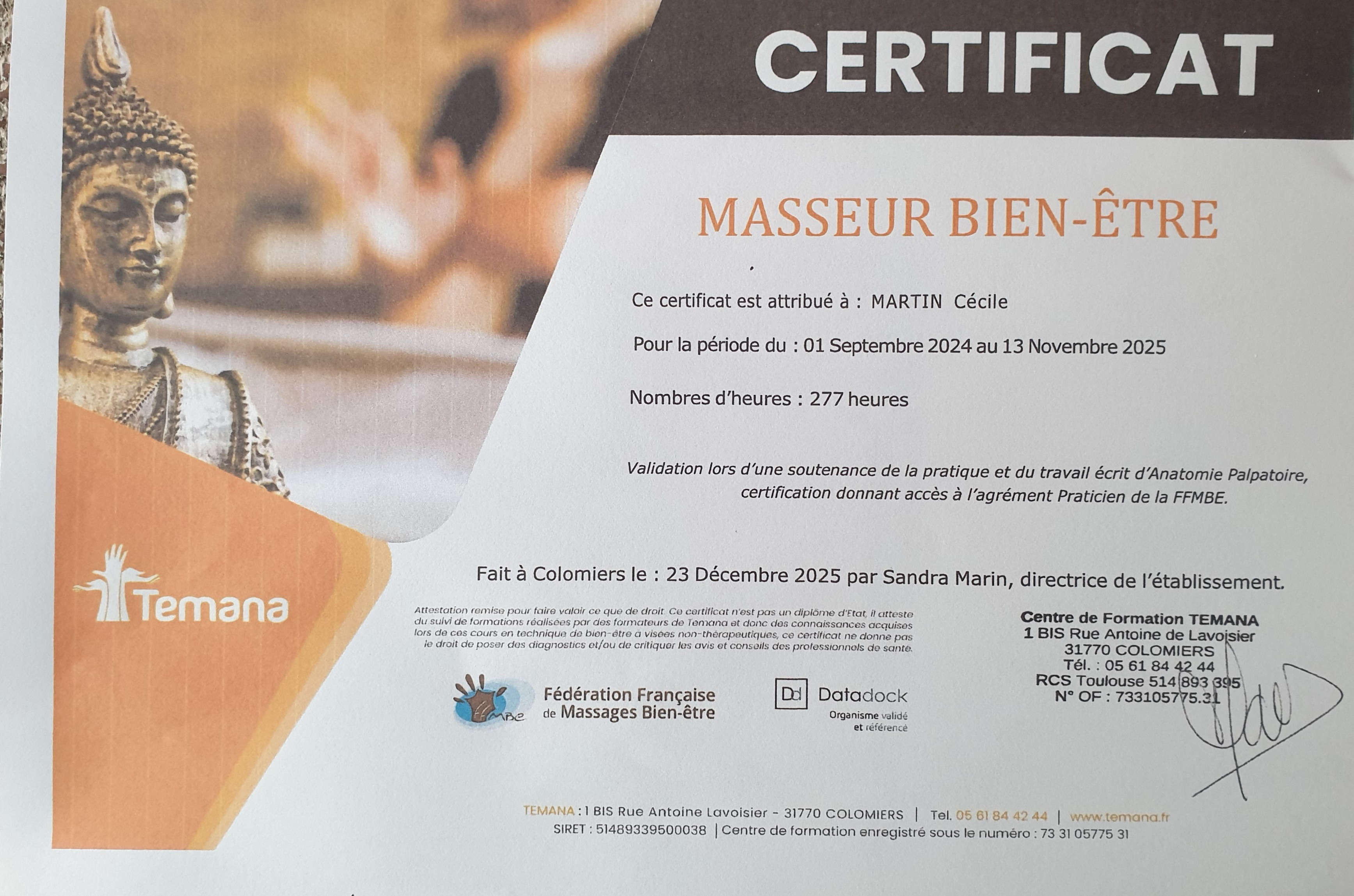 Justificatif de Masseuse bien être RNCP partiel