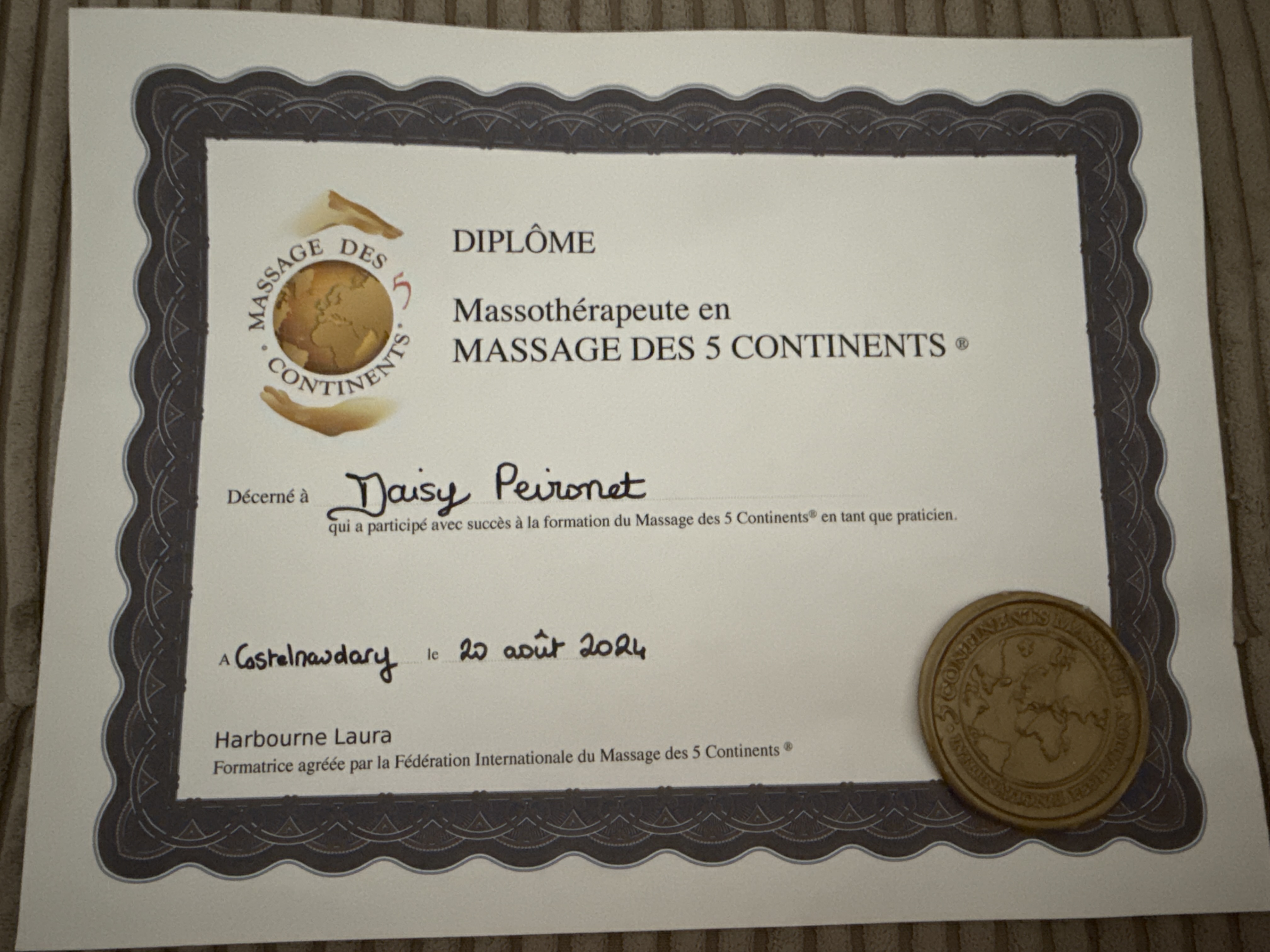 Justificatif de Massotherapeute en massage des 5 continents