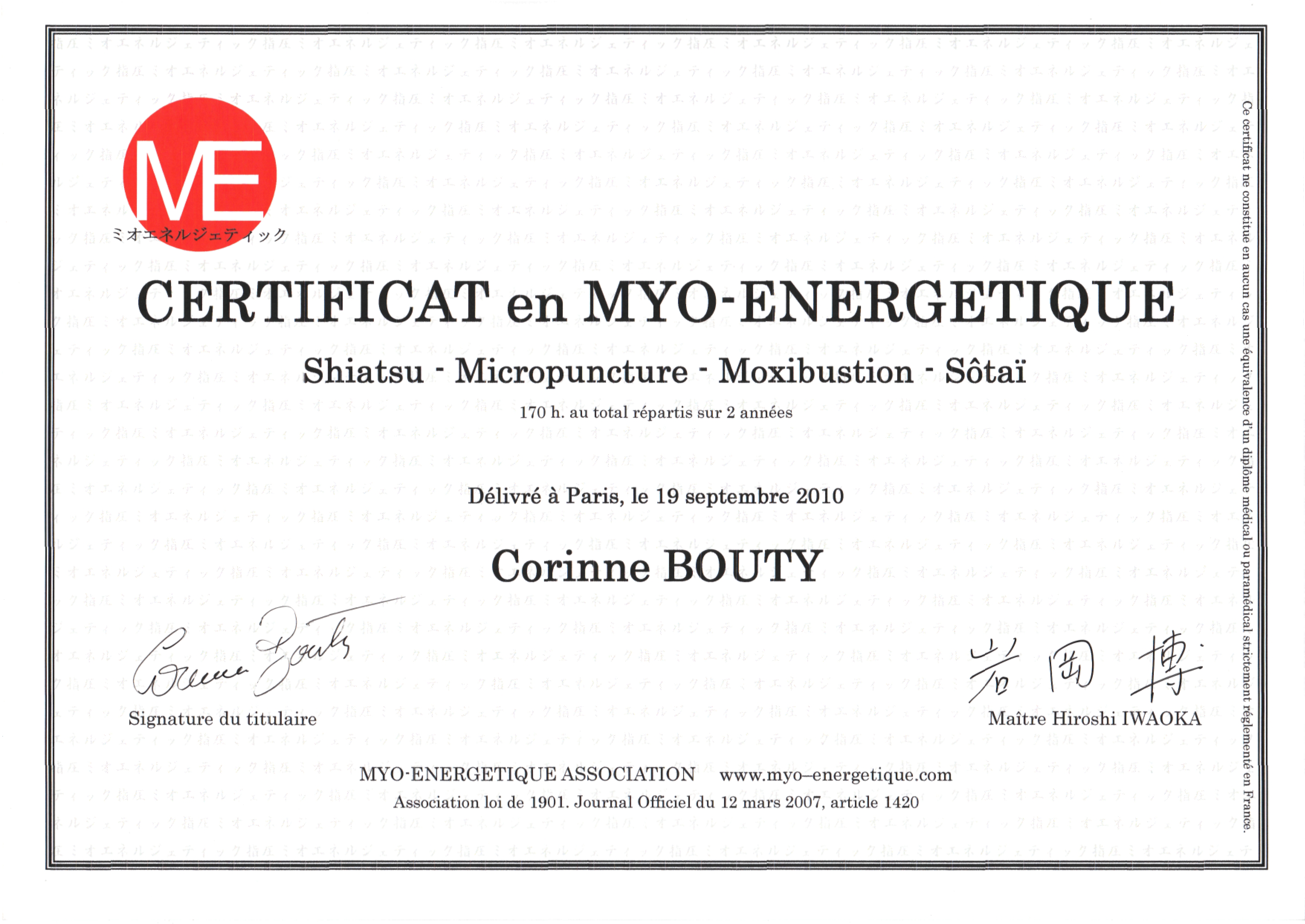 Justificatif de Praticienne en Myo-Energétique