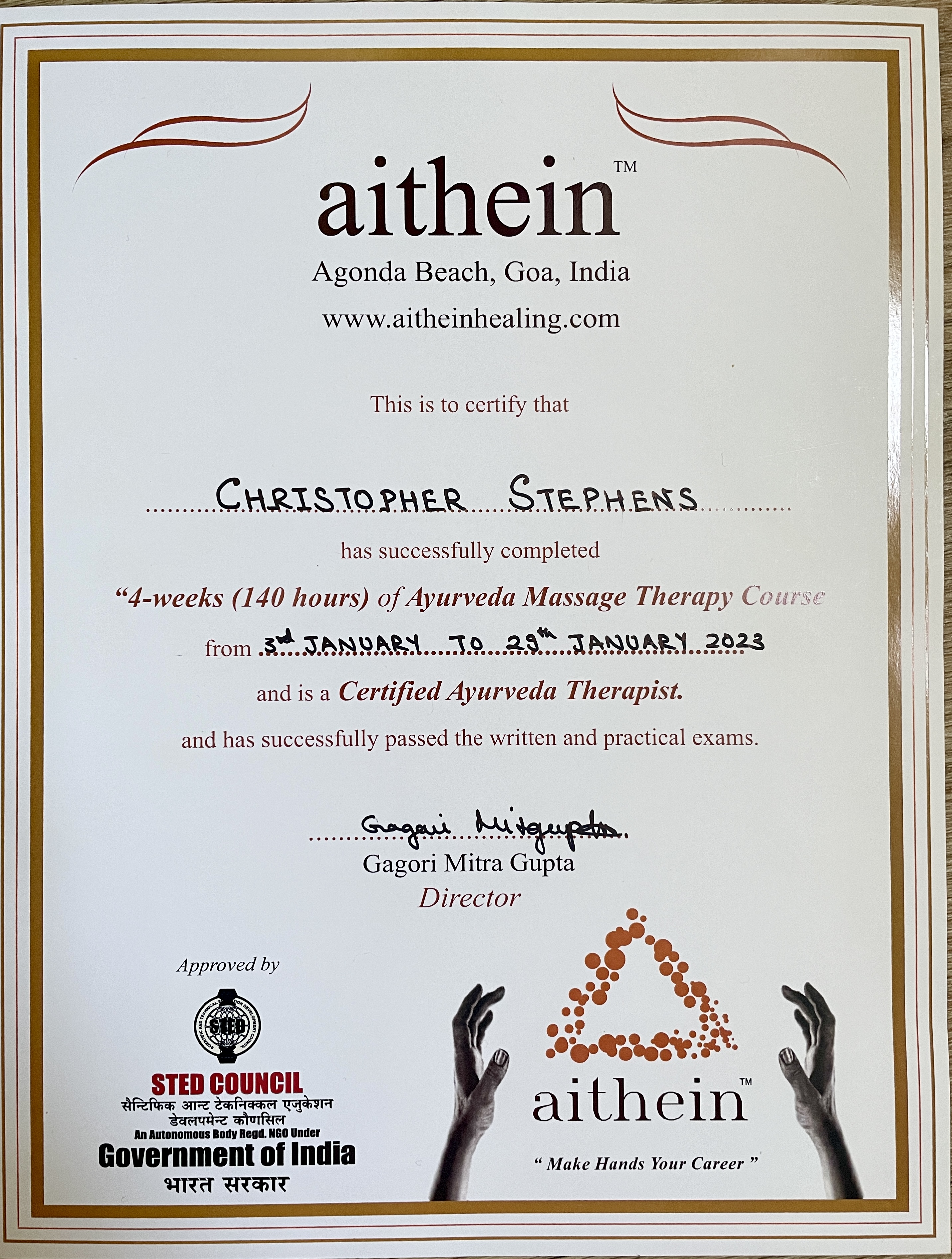 Justificatif de Ayurveda Massage Therapy Course