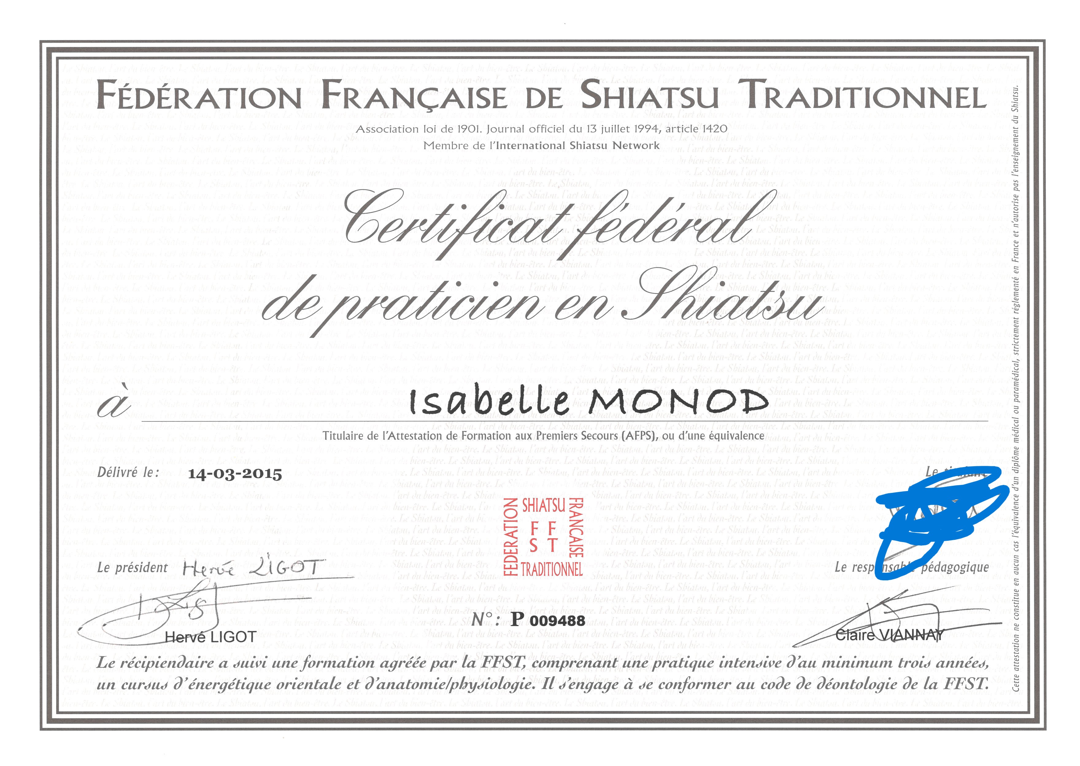 Justificatif de certificat de praticien en Shiatsu FFST