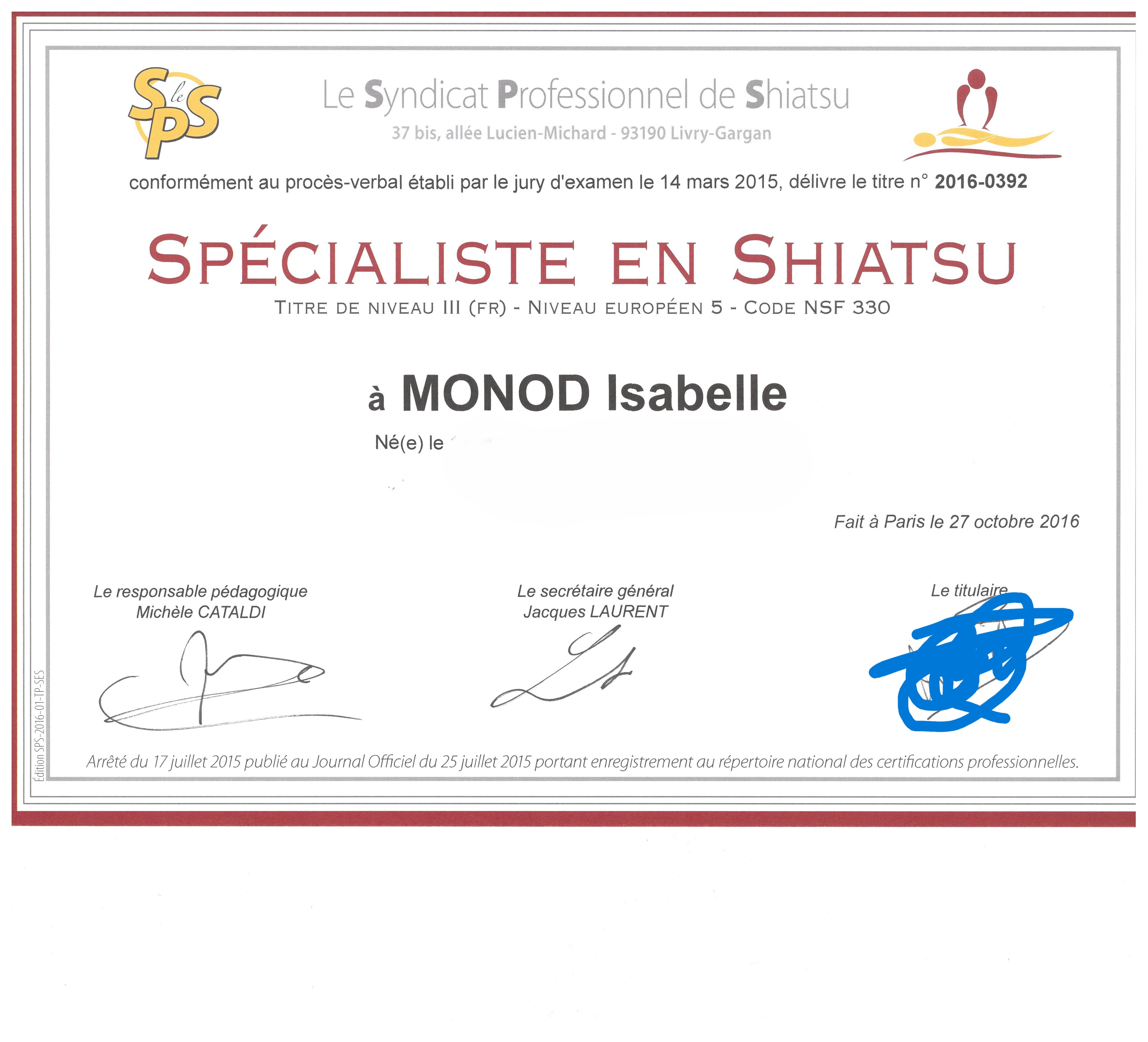 Justificatif de Spécialiste en Shiatsu titre III RNCP