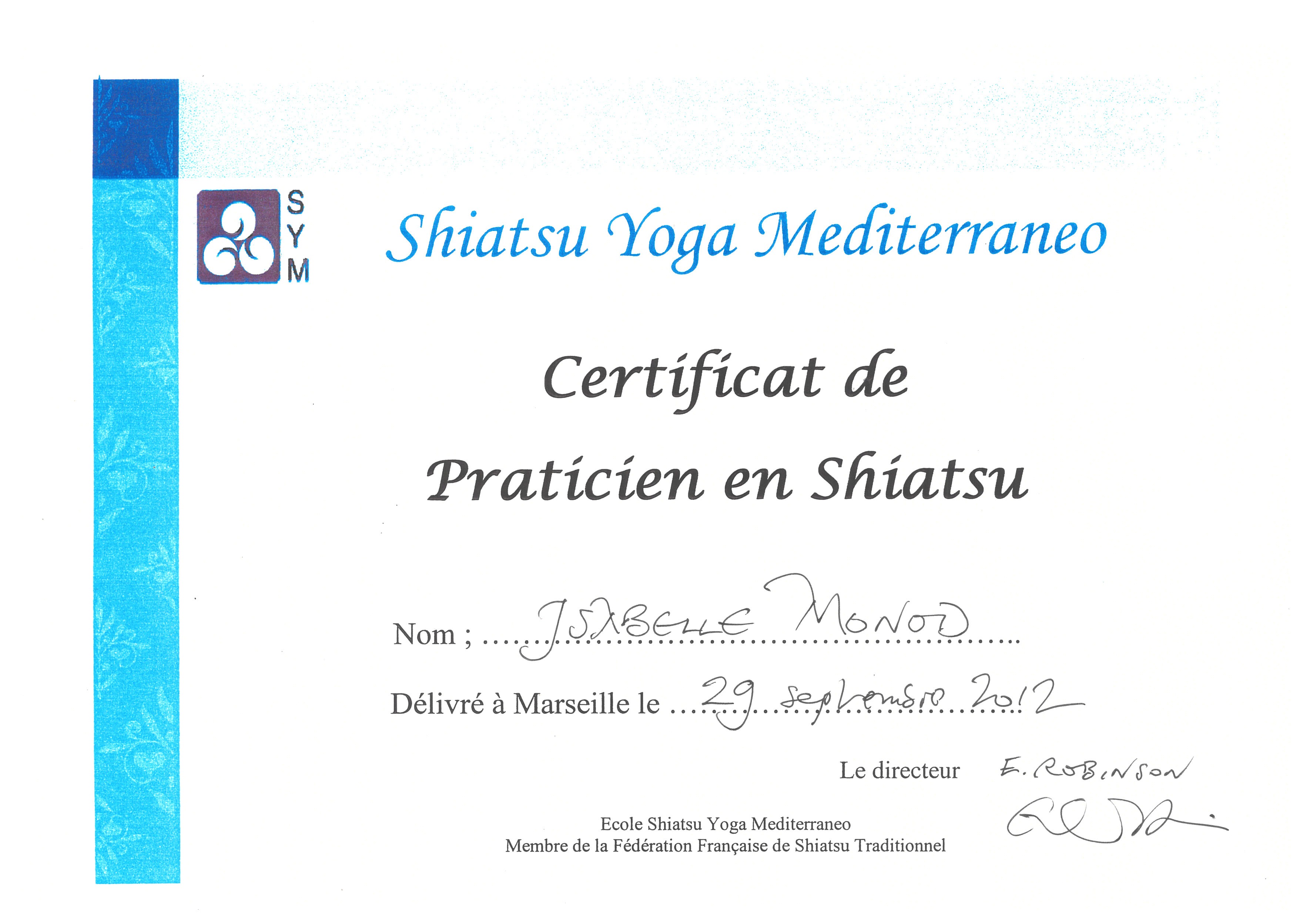 Justificatif de certificat de praticien en Shiatsu