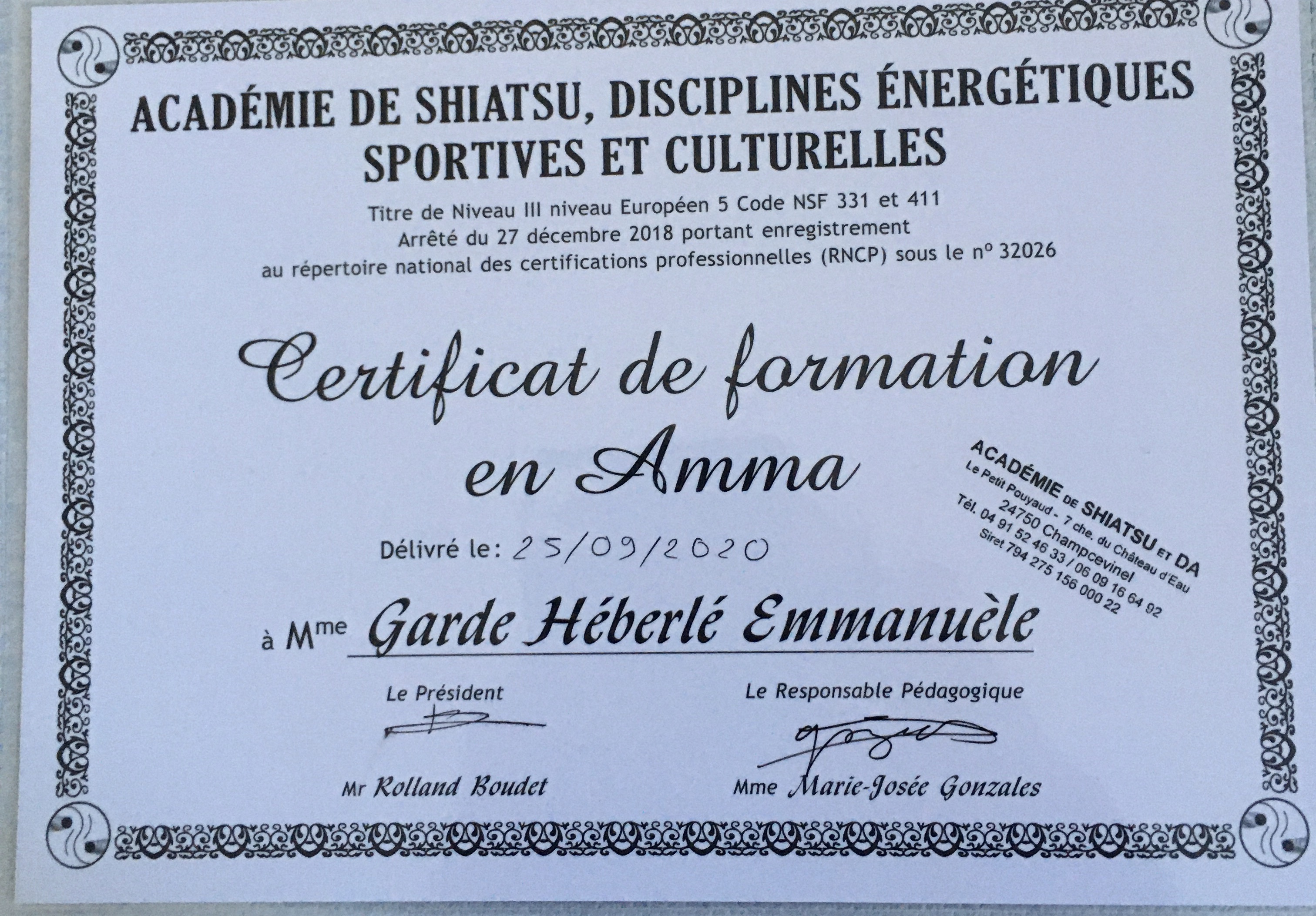 Justificatif de Technicienne Massages Amma