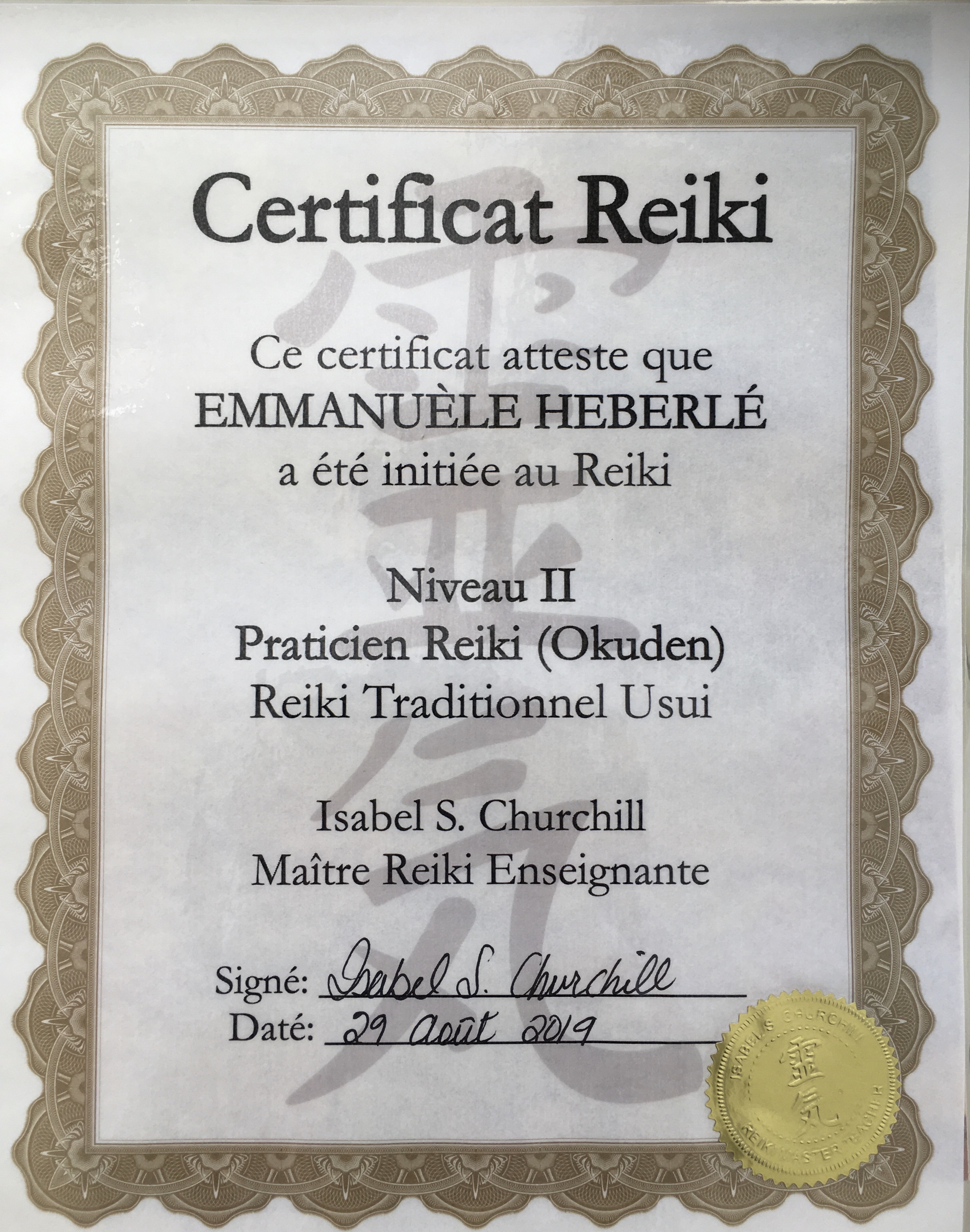 Justificatif de Praticienne Reiki