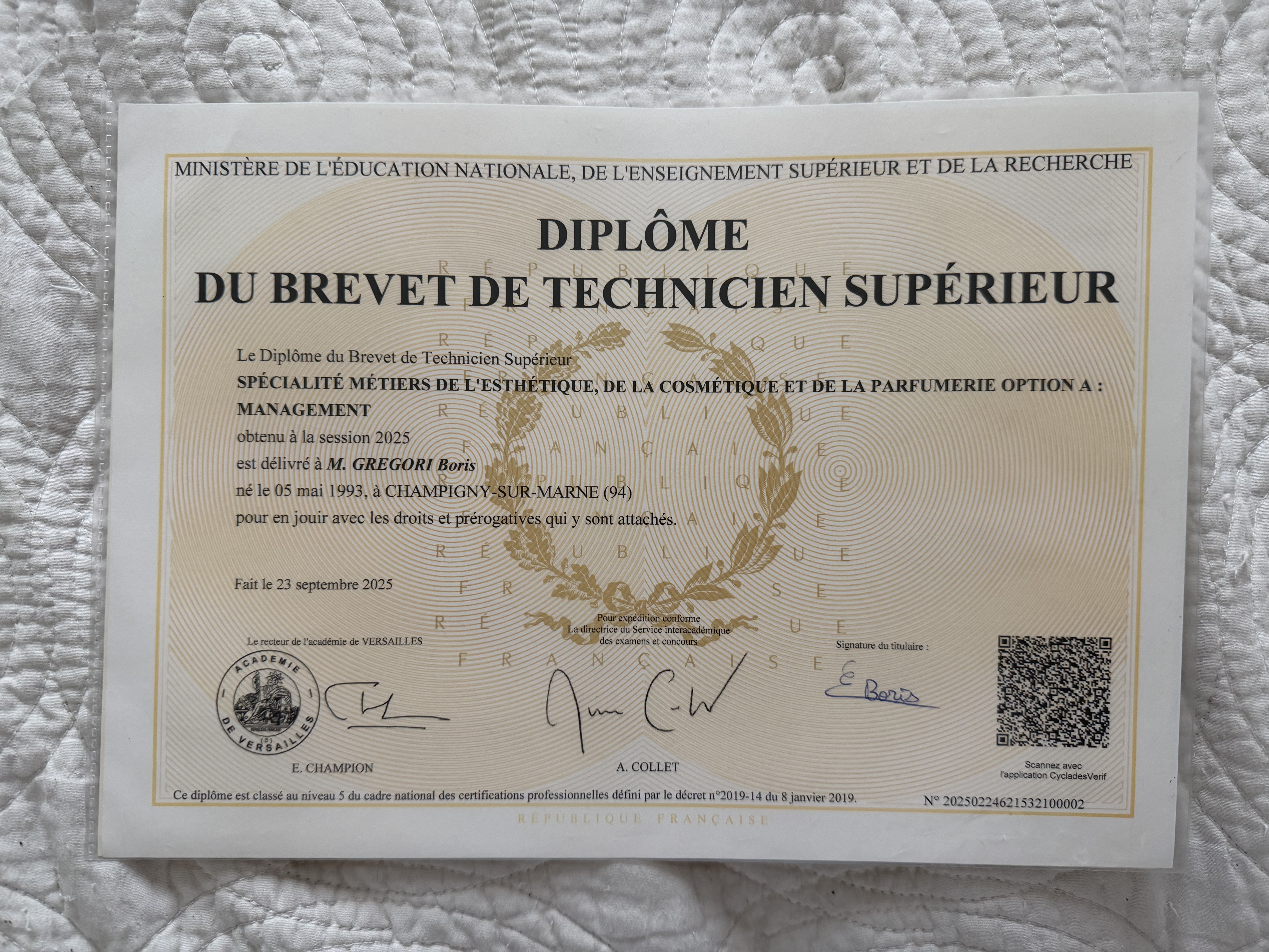 Justificatif de BTS esthétique