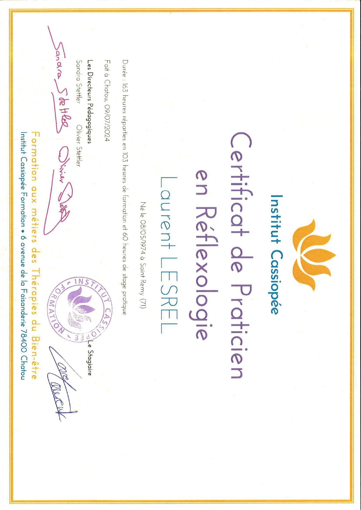 Justificatif de certificat de réflexologue