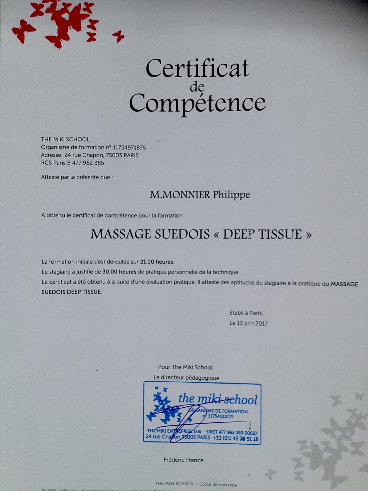 Justificatif de Massage Suédois + Deep Tissue (Récupération physique après l’effort + zones de tensions)
