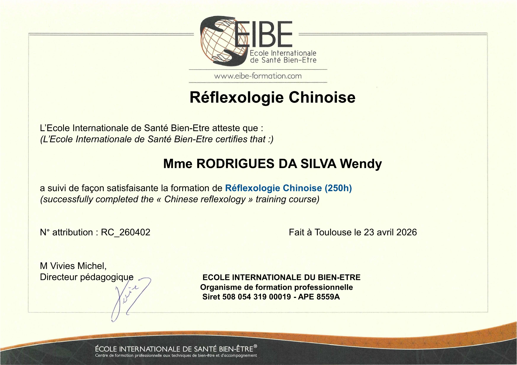 Justificatif de REFLEXOLOGIE CHINOISE